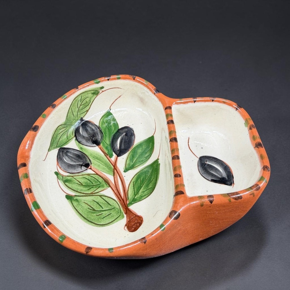 Olaria Oliverio Dourado Portugal Hand Painted Ceramic Olive Divided Serving Dish